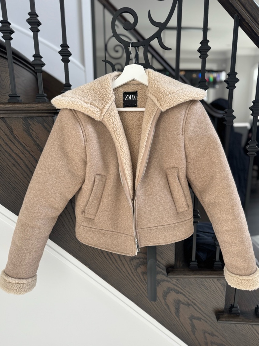 Zara Beige Sherpa-Trim Hooded Jacket